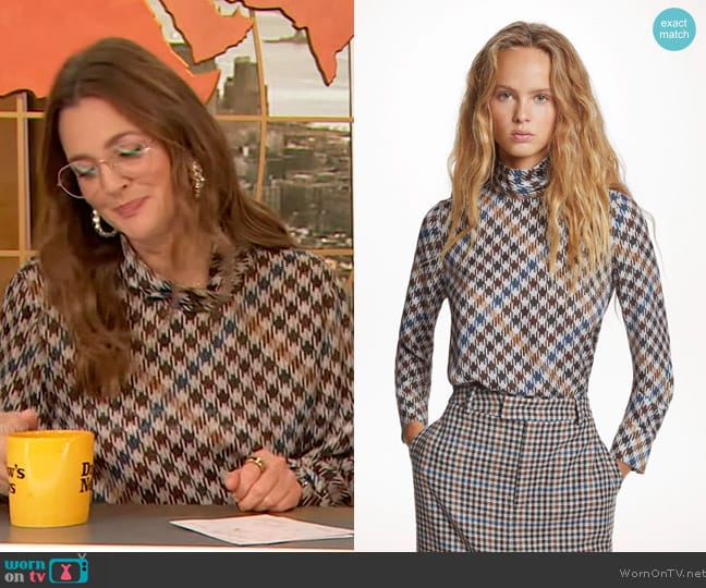 Carolina Herera Harris Check Blouse worn by Drew Barrymore on The Drew Barrymore Show