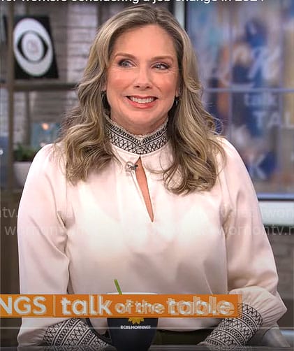 Catherine Fisher's white embroidered blouse on CBS Mornings