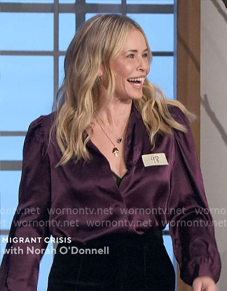 Chelsea Handler's purple satin blouse on The Talk