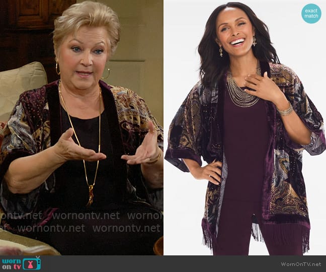 Chicos Velvet Burnout Kimono worn by Traci Abbott (Beth Maitland) on The Young and the Restless