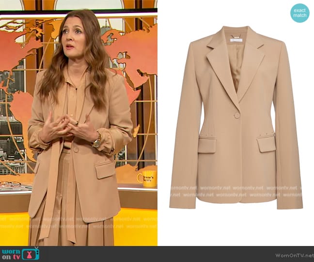 Chloe Cavalry Pearl-Embellished Wool Blazer worn by Drew Barrymore on The Drew Barrymore Show