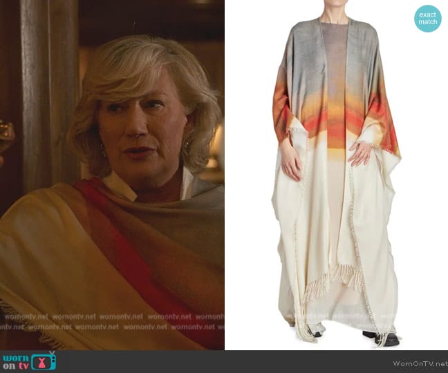 Chlole Painterly Open Front Maxi Ruana worn by Jane Atkinson (Jane Atkinson) on Death and Other Details