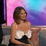 Chrissy Teigen’s black floral applique two-tone dress on The Kelly Clarkson Show