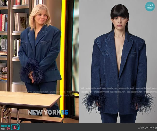 Christian Cowan Feather trim denim jacket worn by Renee Rapp on The Drew Barrymore Show