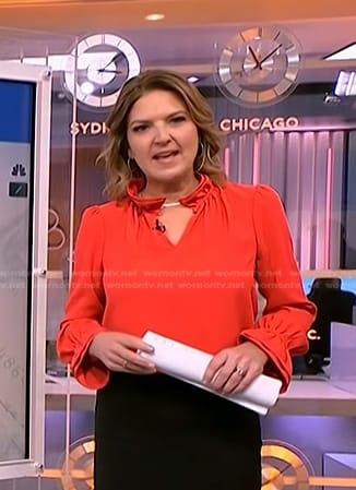 Christine Romans’ red ruffle neck blouse on NBC News Daily