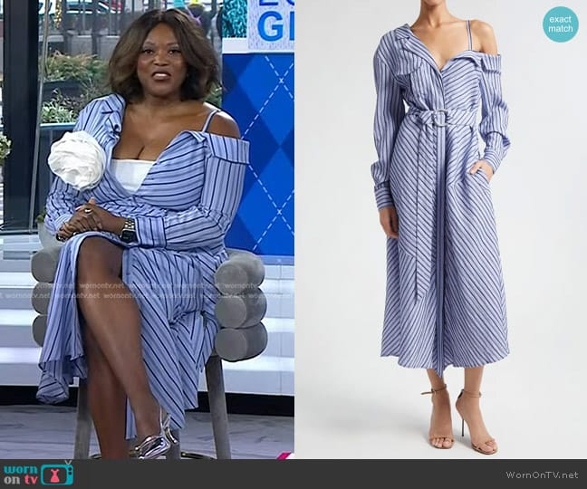 Cinq a Sept Marcella Asymmetric Stripe Midi Shirtdress worn by Melissa Chataigne on Today