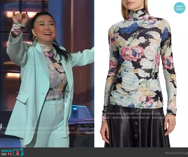 Cinq a Sept Wildwood Flower Shirred Mesh Turtleneck worn by Sherry Cola on The Kelly Clarkson Show