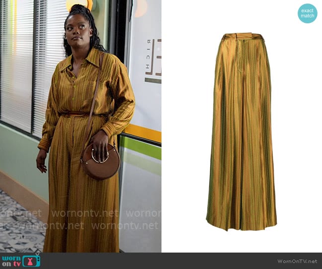 Christopher John Rogers Embroidered satin wide-leg trousers worn by Sabrina Hollins (Novi Brown) on Tyler Perrys Sistas