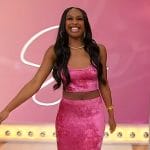 Coco Jones’s pink velvet feather trim skirt and top on Sherri