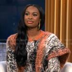 Coco Jones’ orange printed knit maxi dress on CBS Mornings