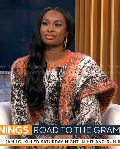 Coco Jones' orange printed knit maxi dress on CBS Mornings