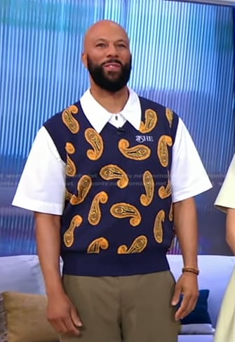 Common’s navy paisley knit vest on Good Morning America