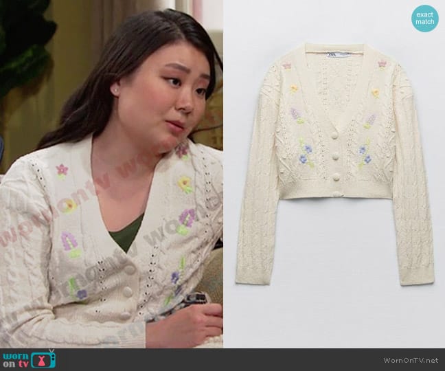 Zara Cropped Floral Knit Cardigan worn by Wendy Shin (Victoria Grace) on Days of our Lives