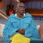 Cynthia Erivo’s blue crochet knit jacket on The Kelly Clarkson Show