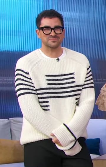 Dan Levy’s white striped knit sweater on Good Morning America