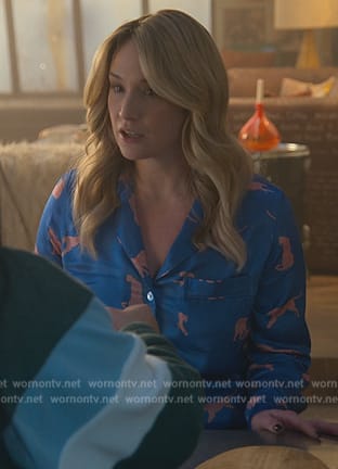 Davia's blue satin cheetah print pajamas on Good Trouble