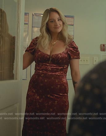 Davia's red floral velvet dress on Good Trouble