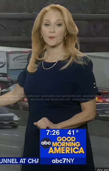 Debbie DuHaime's navy ruffle short sleeve dress on Good Morning America