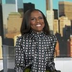 Deborah’s geometric print tie neck blouse on Good Morning America