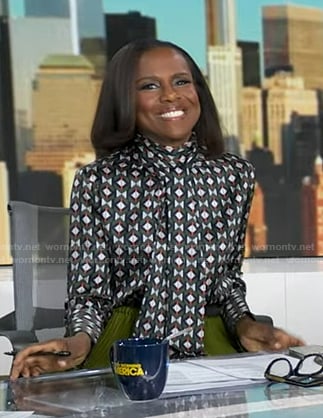 Deborah’s geometric print tie neck blouse on Good Morning America