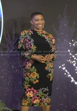 Deja Vu's black floral print dress on Live with Kelly and Mark