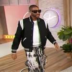 Devale Ellis’s black varsity jacket and printed pants on Sherri