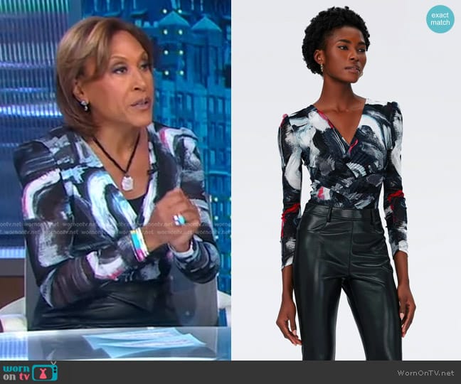 Diane von Furstenberg Costanza Mesh Bodysuit in Brush Stroke worn by Robin Roberts on Good Morning America