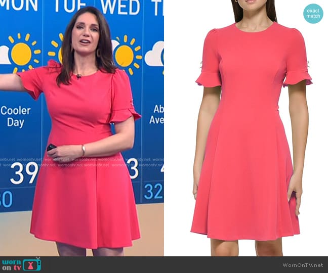 DKNY Ruffle Sleeve Solid Fit and Flare Dress in Melon worn by Maria Larosa on Today