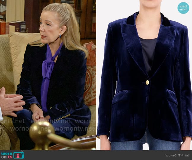 dMn Paris Mila Velvet Jacket in Marine worn by Nikki Reed Newman (Melody Thomas-Scott) on The Young and the Restless