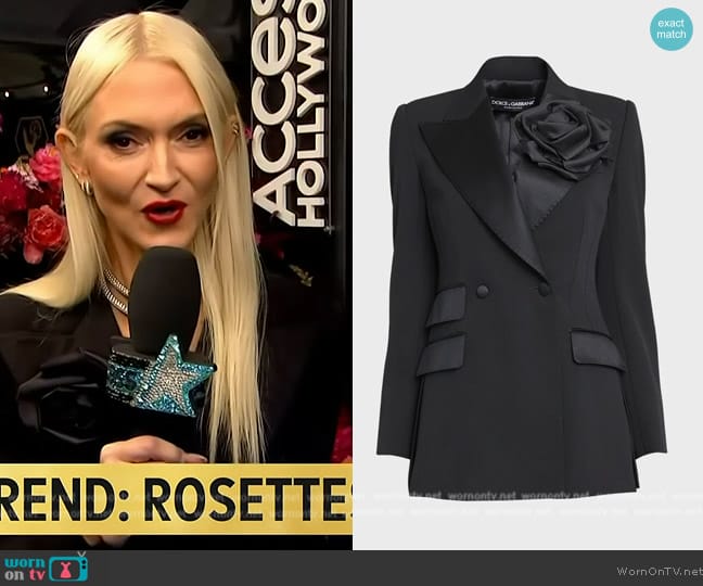 Dolce and Gabbana Wool Tuxedo Jacket with Floral Applique Detail worn by Zanna Roberts on Access Hollywood