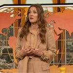 Drew’s beige tie neck blouse and blazer on The Drew Barrymore Show