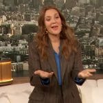 Drew’s brown pinstripe blazer and tie neck blouse on The Drew Barrymore Show