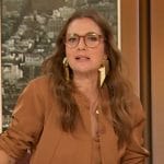 Drew’s brown satin tie neck blouse on The Drew Barrymore Show