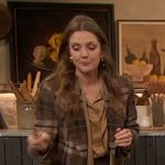 Drew's brown plaid blazer and tie neck blouse on The Drew Barrymore Show