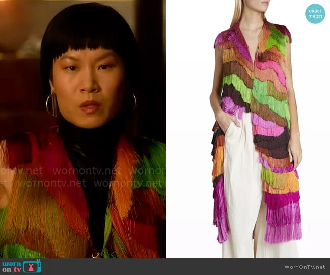 Dries van Noten Tiered Fringe Long Vest worn by Eleanor Chun (Karoline) on Death and Other Details