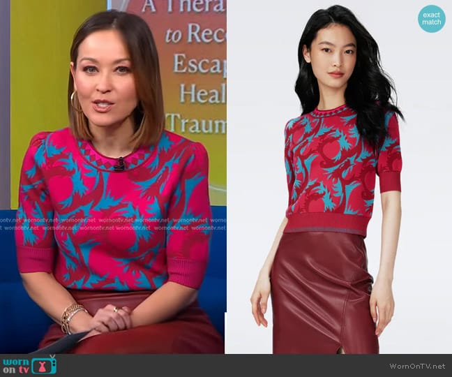 Diane von Furstenberg Hudson Knit Jacquard Sweater in Dragon Jade worn by Eva Pilgrim on Good Morning America