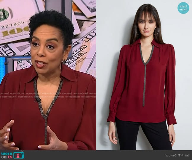 Elie Tahari Chain Collar Shirt in Bordeaux worn by Sharon Epperson on NBC News Daily