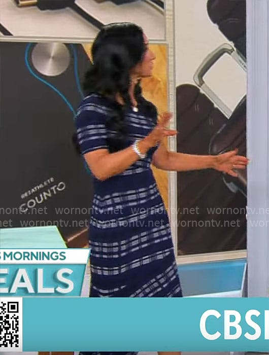 Elizabeth Werner’s blue checked asymmetric dress on CBS Mornings