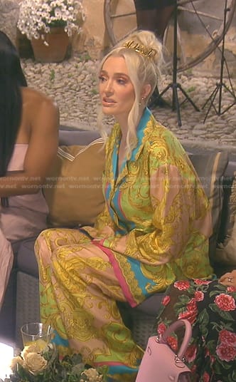 Erika's yellow printed shirt and pants on The Real Housewives of Beverly Hills