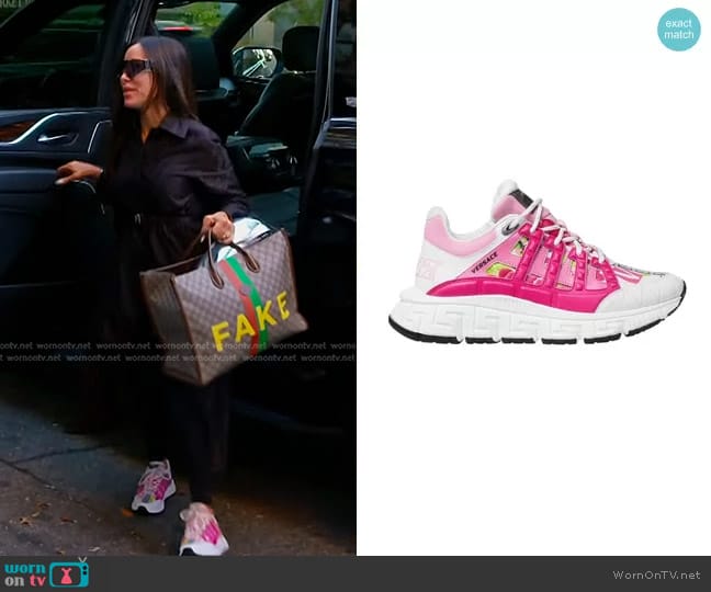 Versace Trigreca Logo Orchid Print Sneakers worn by Angie Katsanevas on The Real Housewives of Salt Lake City