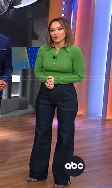 Eva’s green long sleeve polo and jeans on Good Morning America