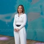 Eva’s white ribbed polo and pants on Good Morning America