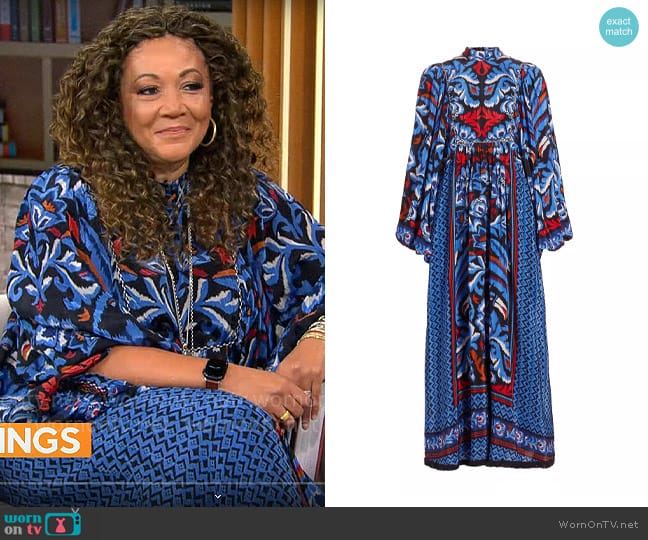 FARM Rio Black Toucans Scarf Long Sleeve Maxi Dress worn by Michele Norris on CBS Mornings