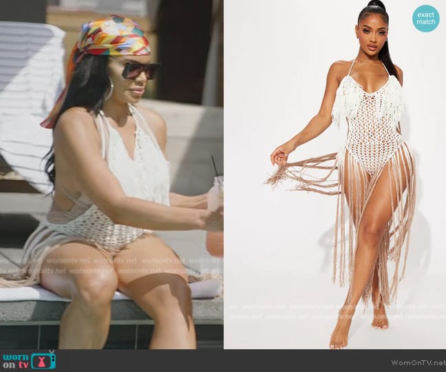 Fashion Nova Universe of Beaches Crochet Sunsuit worn by Mia Thornton on The Real Housewives of Potomac