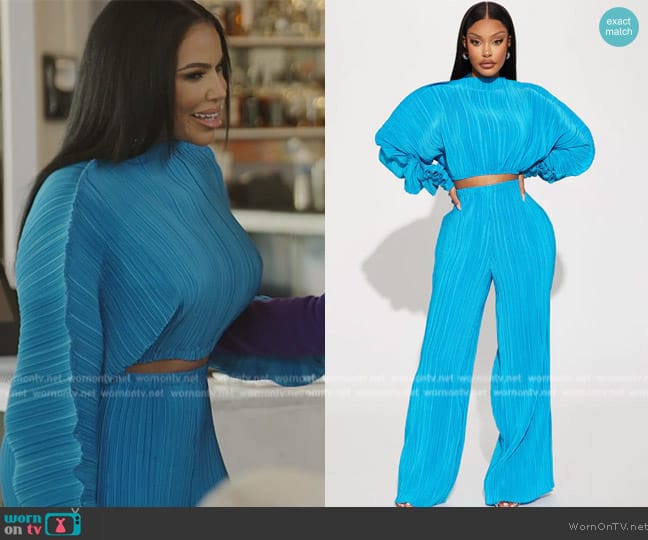 Fashion Nova The Perfect Match Plisse Pant Set worn by Mia Thornton on The Real Housewives of Potomac