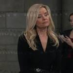 Felicia’s black v-neck dress with metal belt on General Hospital