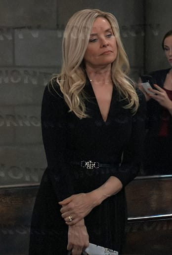 Felicia's black v-neck dress with metal belt on General Hospital