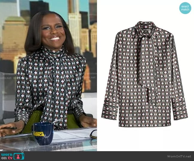 Fendi Satin Tie Neck Blouse worn by Deborah Roberts on Good Morning America