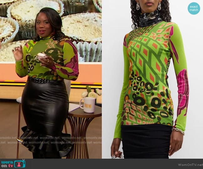 Fuzzi Abstract-Print Turtleneck Tulle Shirt worn by Chelsea Haynes on The Drew Barrymore Show