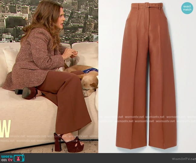 Gabriela Hearst Norman Belted Wool and Silk Twill Wide Leg Pants worn by Drew Barrymore on The Drew Barrymore Show